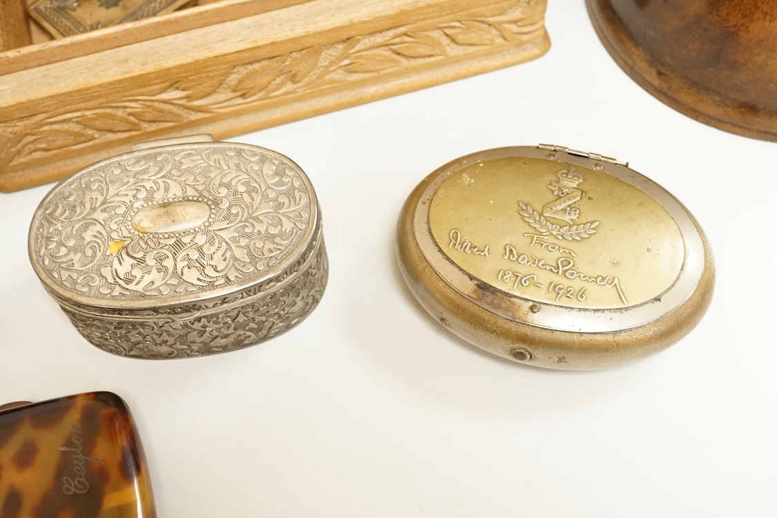 Two treen boxes, a cigarette box, a tortoiseshell box, a military tobacco box, a plated box and various decorative metal panels, CITES Submission reference, KPXPJXQU